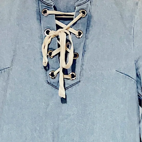 Sugar Lips Light Blue Denim Long Sleeve Mini Dress/Unfinished Hem/Tie Top/Size M - Picture 5 of 5